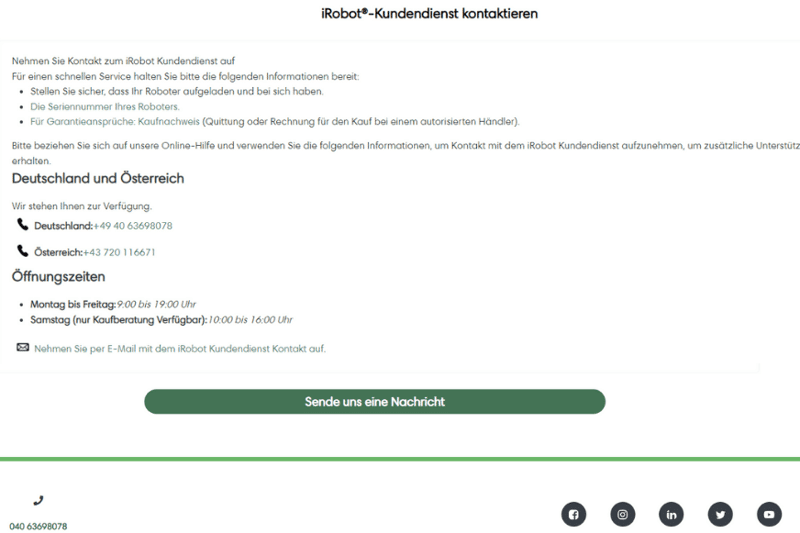Die Kontaktdaten des iRobot Roomba Kundenservices sind zu sehen